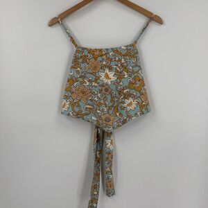 Midnight Sky Floral Bandana Front Smocked Tie Back Crop Top | Blue/Multi | Large